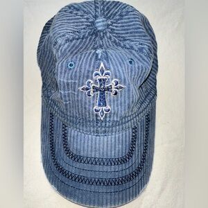Vintage Blue Corduroy Baseball Hat Cap w/Embroidered Rhinestone Cross Distressed